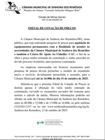 A Câmara Municipal de Senhora dos Remédios/MG, torna público, que está realizando pesquisa de preços para aquisição de equipamentos permanentes com a finalidade de atender às necessidades da Câmara Municipal de Senhora dos Remédios e também o Centro De Ap