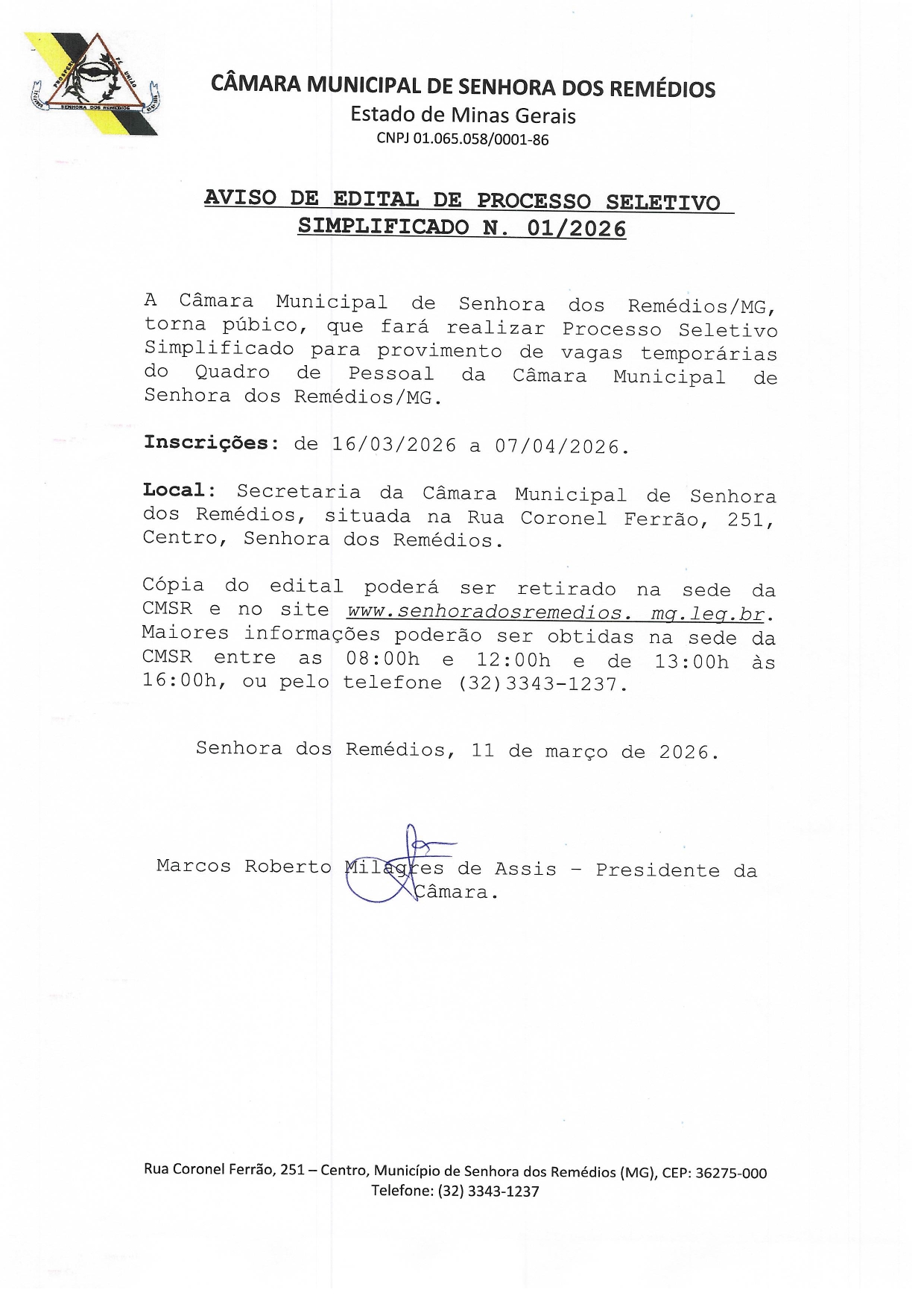 AVISO DE EDITAL DE PROCESSO SELETIVO SIMPLIFICADO N. 01/2026.