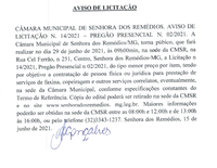 Aviso de Licitação 014.2021- Pregão Presencial 002.2021- Contratação de pessoa física ou jurídica para prestação de serviços de faxina, copeiragem e outros serviços correlatos...