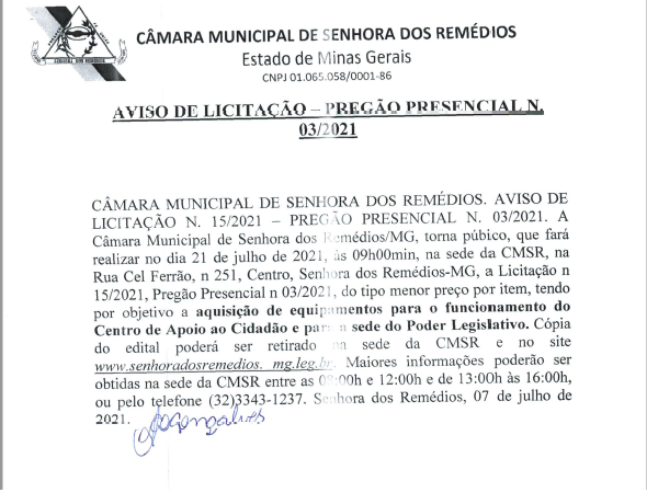 Aviso de Licitação 015.2021- Pregão presencial 003.2021- Aquisição de equipamentos para o funcionamento do Centro de Apoio ao Cidadão- CAC e para a sede do Poder Legislativo.Clique aqui👆