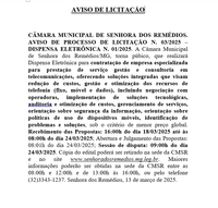 Aviso de Licitação n. 003/2025- Dispensa Eletrônica n. 001/2025- Contratação de empresa especializada para prestação de serviço gestão e consultoria em telecomunicações, oferecendo soluções integradas que visam redução de custos, gestão e otimização dos r