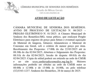 Aviso de Licitação n. 006/2025- Pregão Eletrônico n. 001/2025- Registro de preço para futura e eventual aquisição de Material de limpeza, Gêneros Alimentícios e Material de Consumo em Geral, sob o critério de menor preço por item.