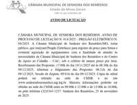Aviso de Licitação n. 014/2025 (RETIFICAÇÃO)– Pregão Eletrônico n. 004/2025- Pregão Eletrônico para registro de preço para futura e eventual aquisição de equipamentos com a finalidade de atender às necessidades da Câmara Municipal de Senhora dos Remédios 