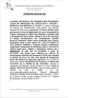 Aviso de Licitação n. 015/2025- Dispensa Eletrônica n. 003/2025- contratação de Pessoa Jurídica para prestação de serviço de digitalização do acervo documental da Câmara Municipal de Senhora dos Remédios, incluindo toda a documentação física (pastas, fich