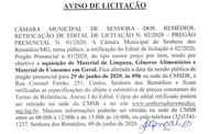 Aviso de Licitação Nº 002.2020 (Retificada) - Pregão Presencial Nº 001.2020- "Dispõe sobre a aquisição de material de limpeza, gêneros alimentícios e material de consumo em geral."