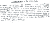 Aviso de Retificação de Edital-  Licitação 014.2021- Pregão Presencial 002.2021- Contratação de pessoa física ou jurídica para prestação de serviços de faxina, copeiragem e outros serviços correlatos...