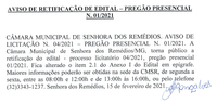 Aviso de Retificação de Edital- Pregão Presencial 001.2021– Processo Licitatório Nº 004/2021