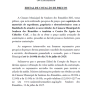 Edital de Cotação de Preços para a aquisição de materiais de expediente, papelaria e eletroeletrônicos com a finalidade de atender às necessidades da Câmara Municipal de Senhora dos Remédios e também o Centro De Apoio Ao Cidadão- CAC.
