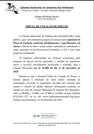 Edital de Cotação de Preços para a aquisição de Placa de Fachada