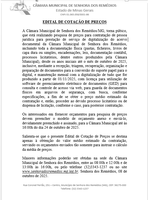 Edital de Cotação de Preços para contratação de pessoa jurídica para prestação de serviço de digitalização do acervo documental da Câmara Municipal de Senhora dos Remédios, incluindo toda a documentação física (pastas, ficheiros, livros de capa dura ou si