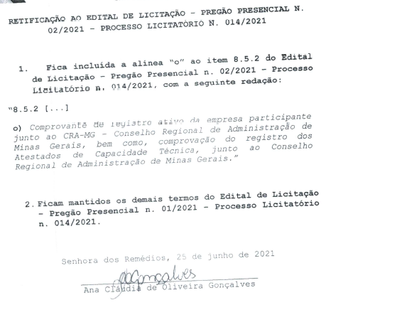 Retificação ao Edital- Licitação 014.2021- Pregão Presencial 002.2021- Contratação de pessoa física ou jurídica para prestação de serviços de faxina, copeiragem e outros serviços correlatos...